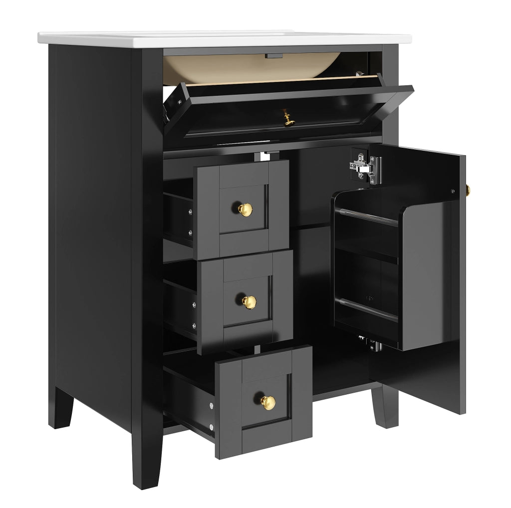 Mobile sottolavabo 61 cm con lavabo in ceramica, MDF nero lucido e 3 cassetti