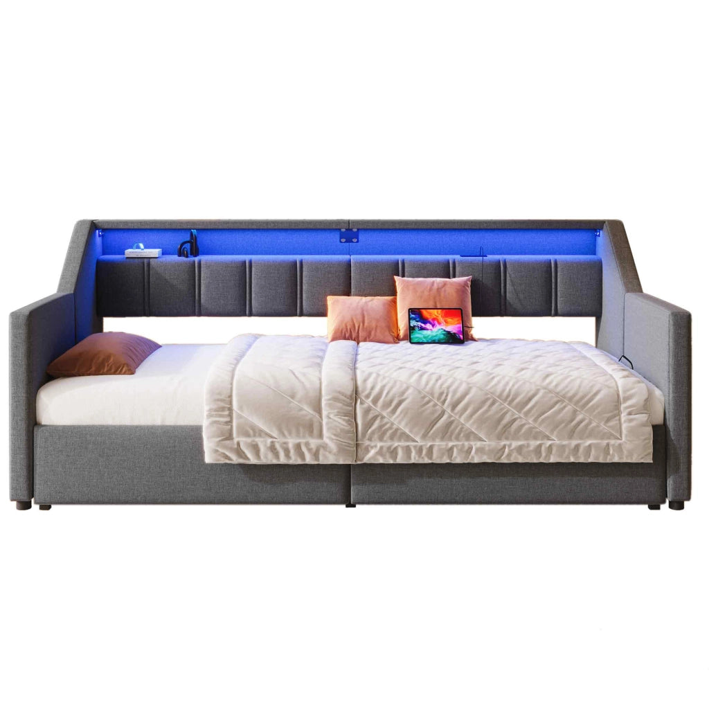 Divano letto estraibile 140 x 200 cm; 3 cassetti; luci LED; prese USB e USB C; truciolare e MDF; bianco