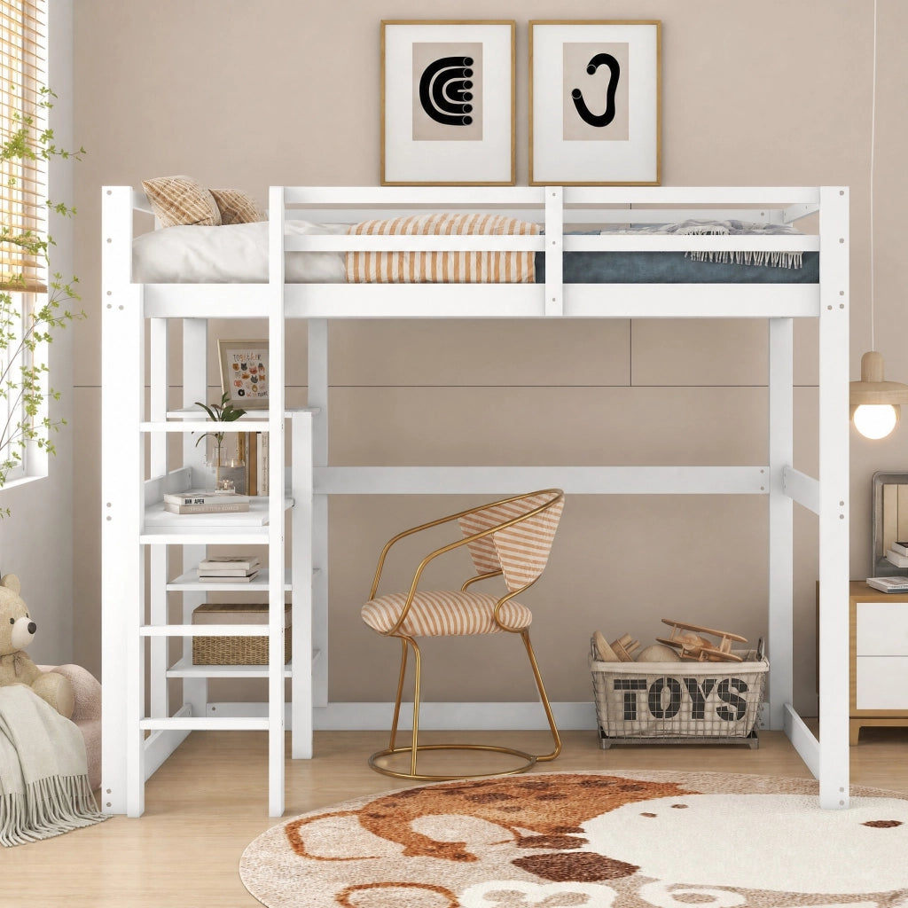 Letto a soppalco 140x200 cm con scrivania e 4 ripiani in pino e MDF; bianco antico