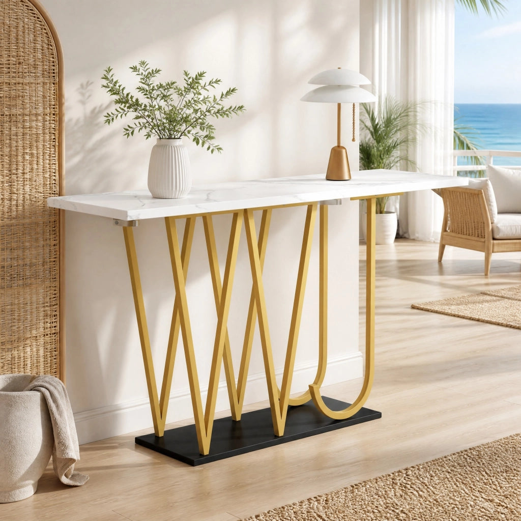 Tavolo da pranzo 120x29,5x80 cm in MDF/metallo bianco, effetto marmo, con ripiano