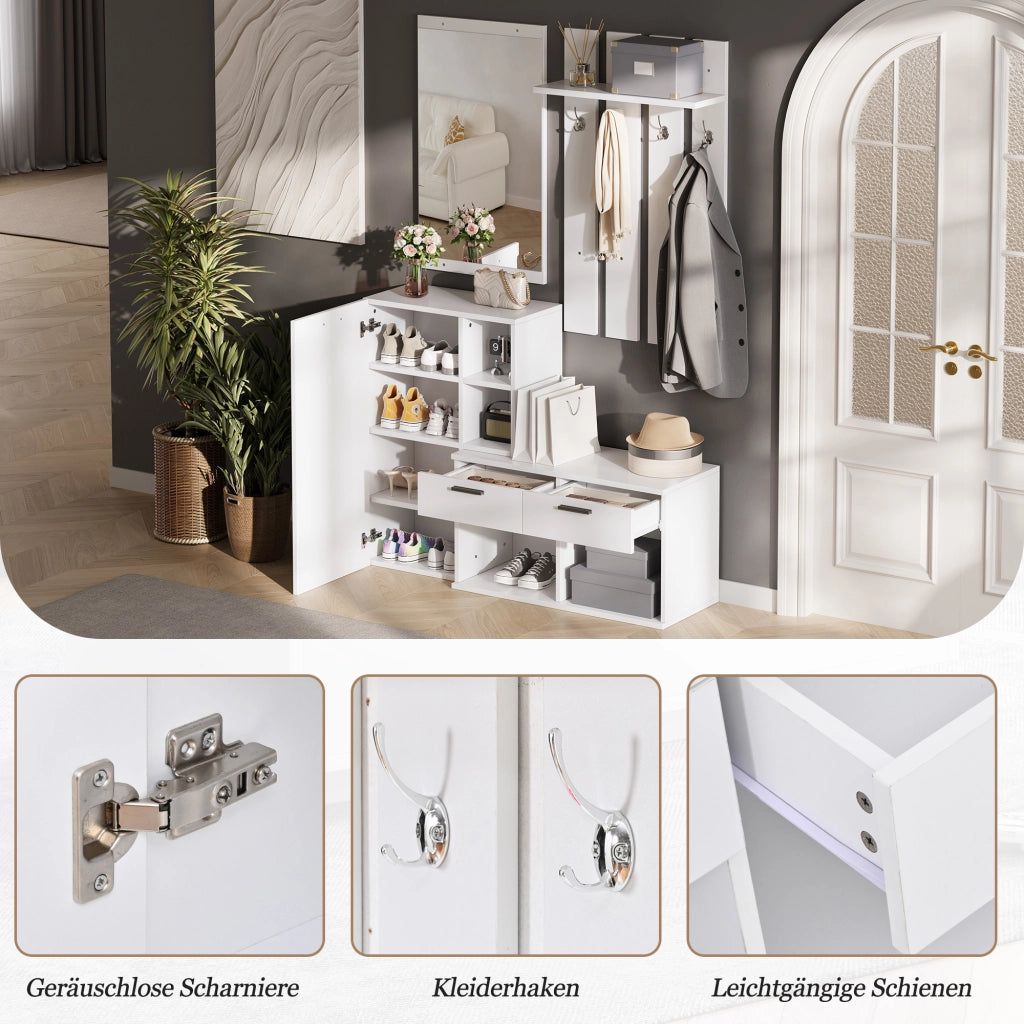 Guardaroba da ingresso con scarpiera; specchio; panca; 2 cassetti e 4 ganci in MDF bianco 120 × 35 × 175.5 cm