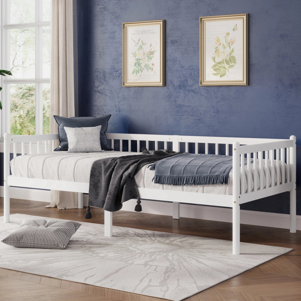 Letto da giorno 90x200 cm in pino bianco con sponde e 14 doghe