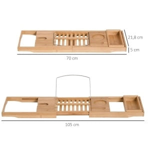 Ripiano per vasca da bagno in bambù naturale, regolabile 70-105x21,8x5 cm, con supporti in acciaio inossidabile