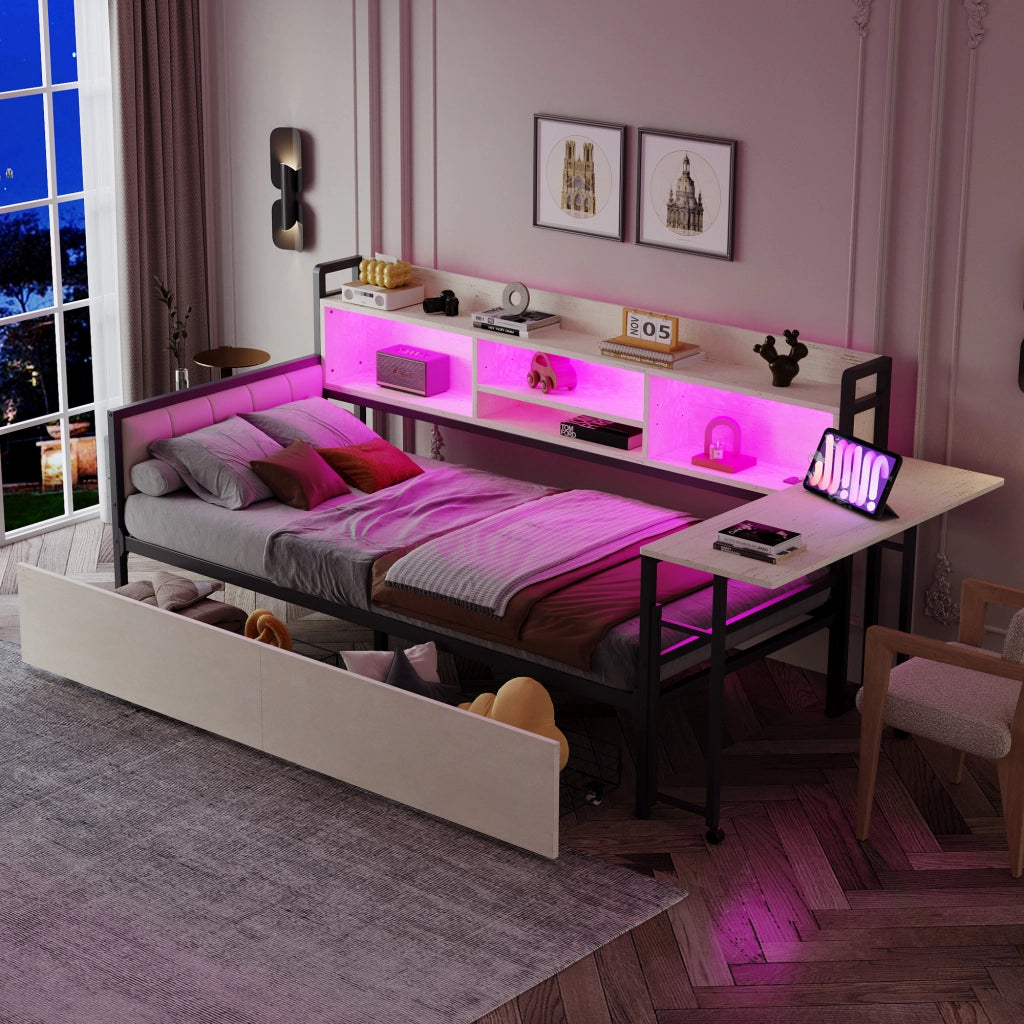 Divano letto in ferro 90 x 200 cm con luce LED e contenitore, cassetti e presa multipla, scrivania estraibile, schienale - Bianco
