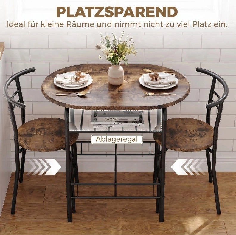 Set tavolo da cucina con 2 sedie e ripiano, marrone rustico