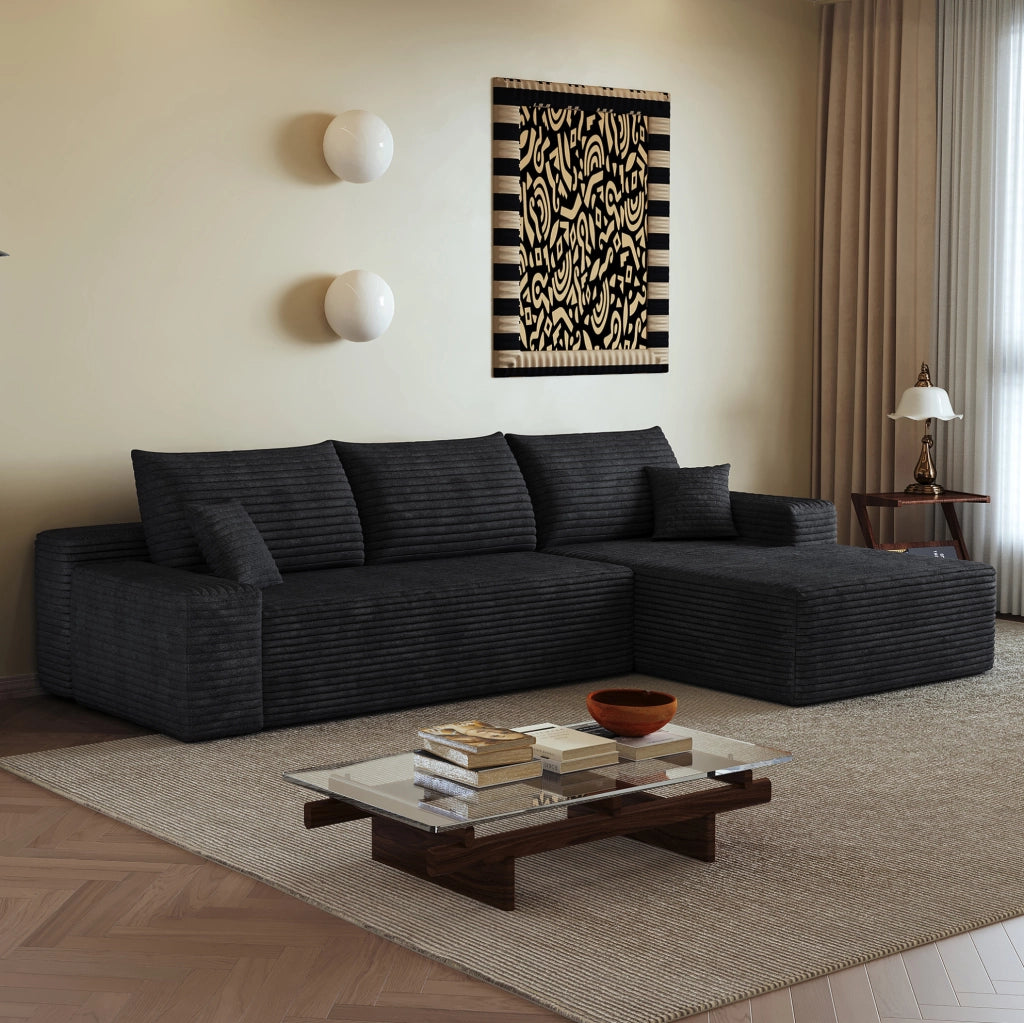 Divano 270x175x83 cm in tessuto nero con imbottitura in schiuma; apertura senza attrezzi