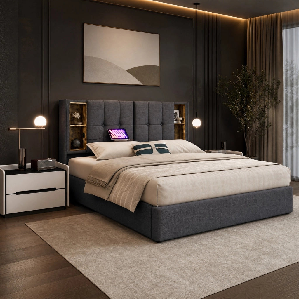 Letto imbottito 140x200 cm con contenitore; ricarica wireless; USB e Type-C; grigio