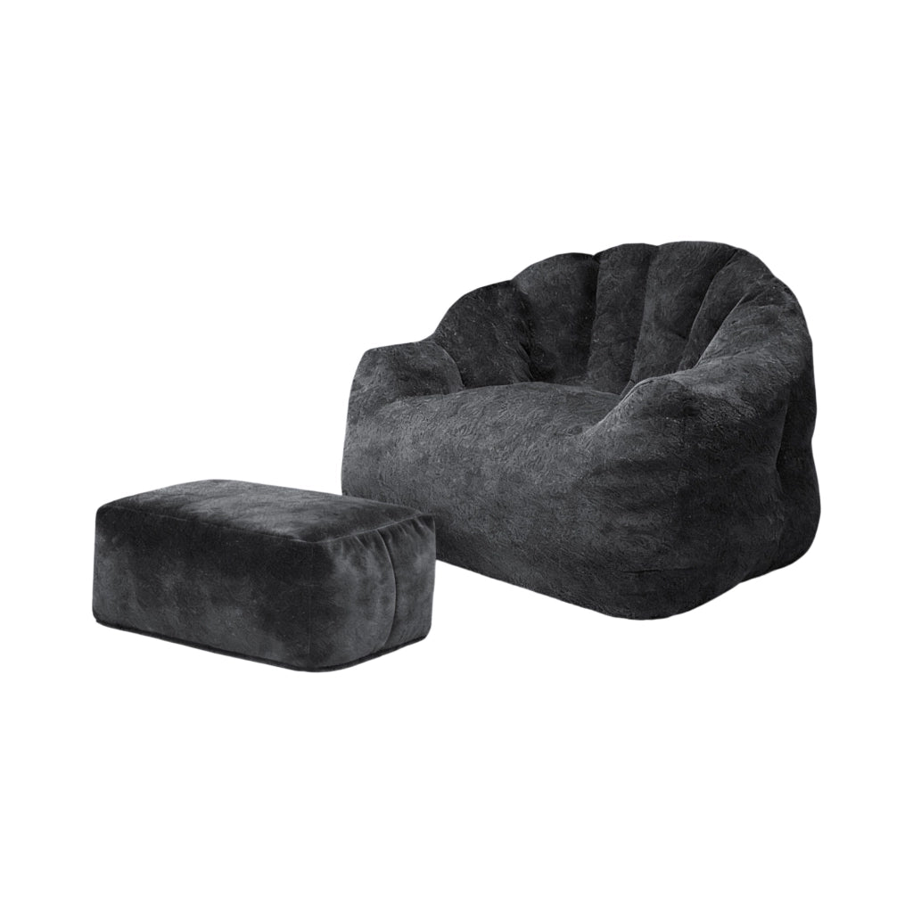 Poltrona relax a petalo nera con pouf in flanella