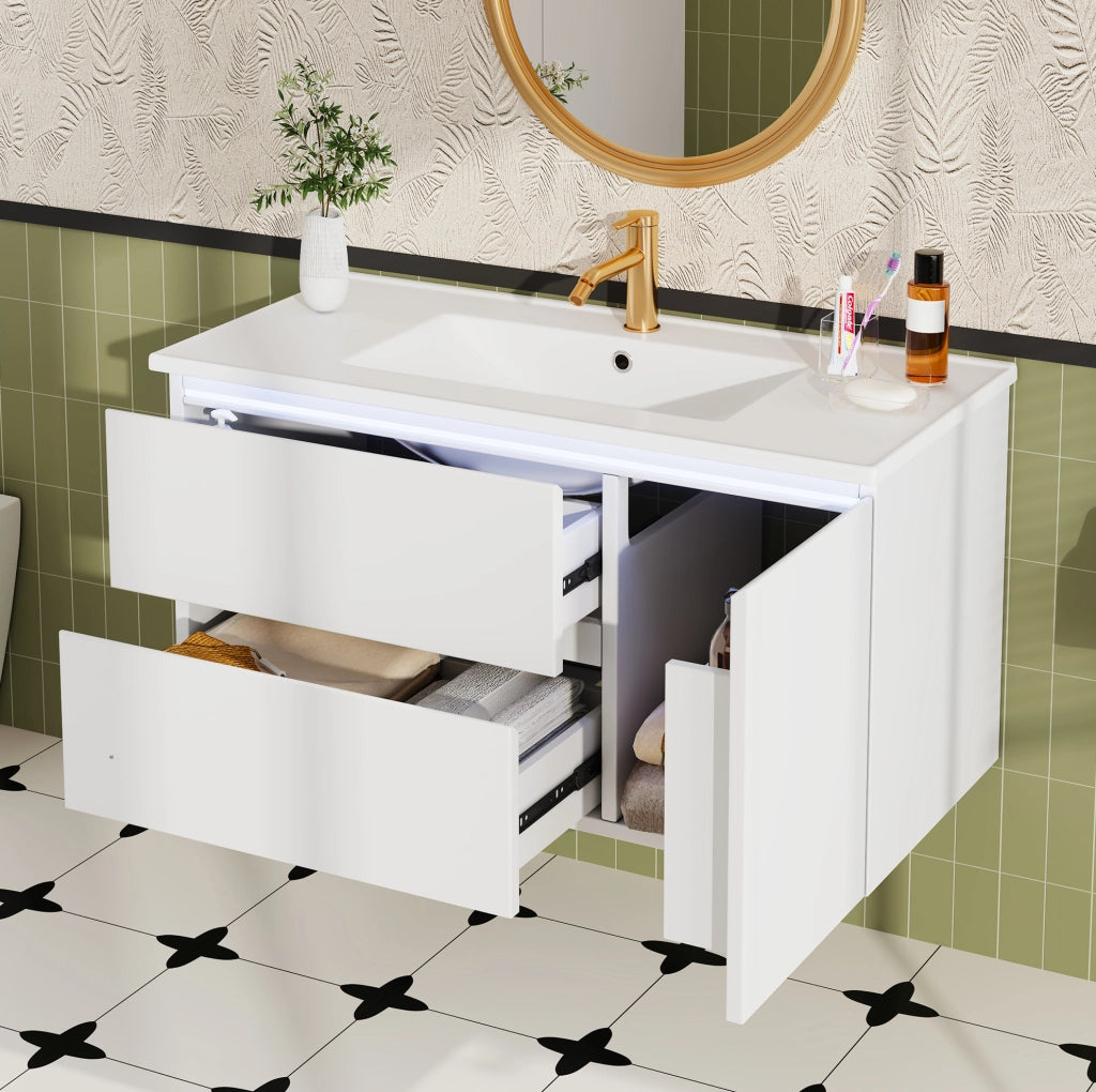 Mobile lavabo sospeso 91.5x46.5x50.5 cm con LED a sensore; lavabo in ceramica; bianco