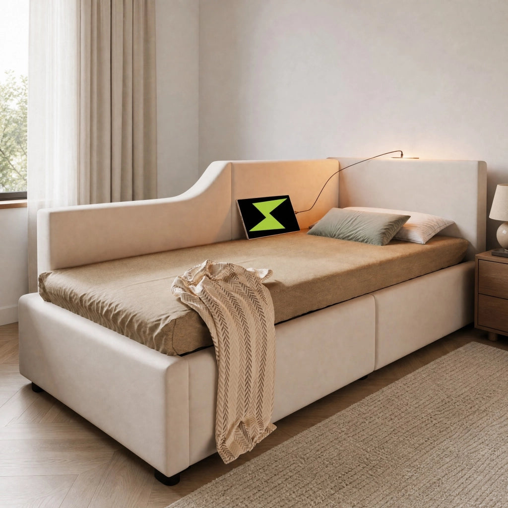 Letto imbottito singolo 90x190 cm con contenitore idraulico; lampada da lettura e USB-C; beige