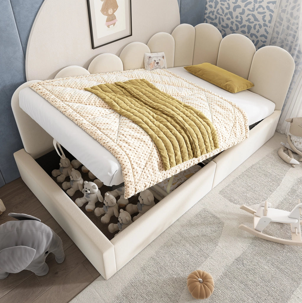 Letto da giorno 90x200 cm in velluto beige con contenitore idraulico e rete a doghe in ferro