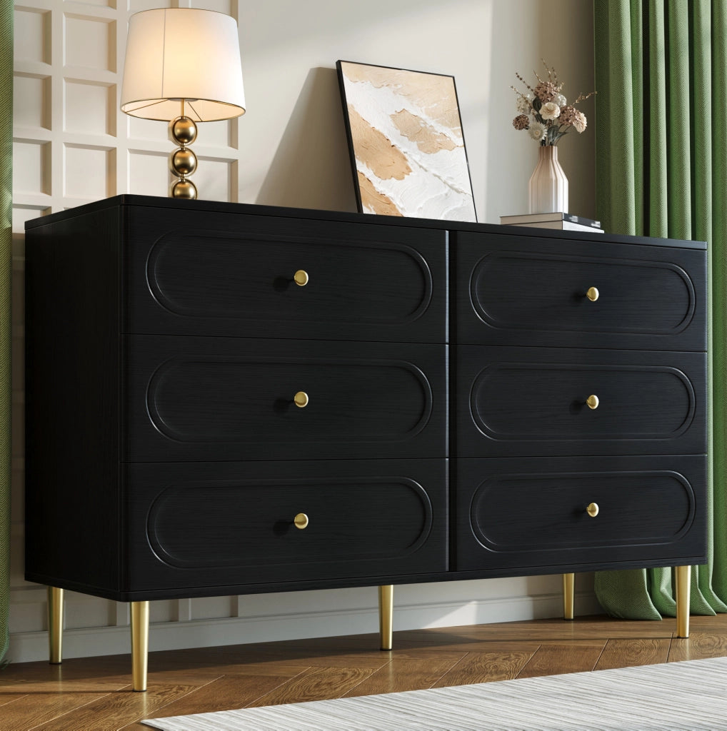 Credenza nera con 6 cassetti; frontali ovali e piedi in metallo; 120 × 40 × 75 cm