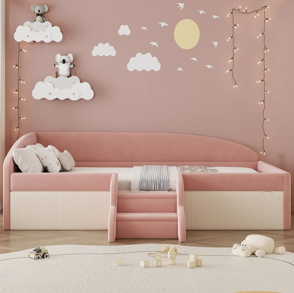 Letto imbottito per bambini 90x190 cm rosa e bianco con gradini e sponde