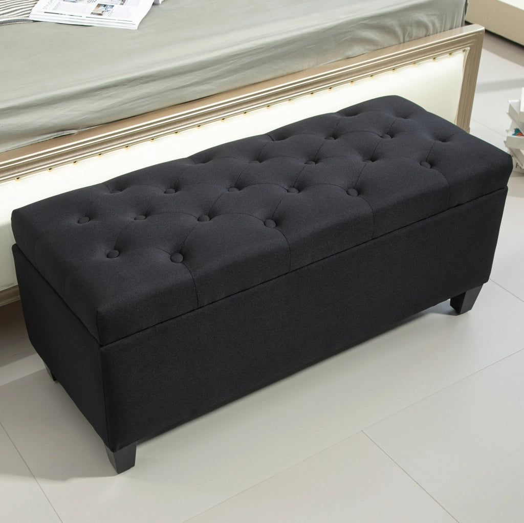 Panca contenitore imbottita in poliestere effetto lino nera 100x40x44 cm con gambe in legno di gomma