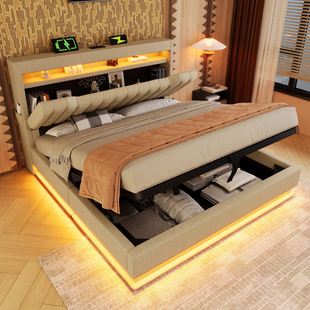 Letto contenitore matrimoniale 140x200 cm imbottito; testiera con vani; LED testiera/pediera; USB; USB-C; idraulico; lino beige