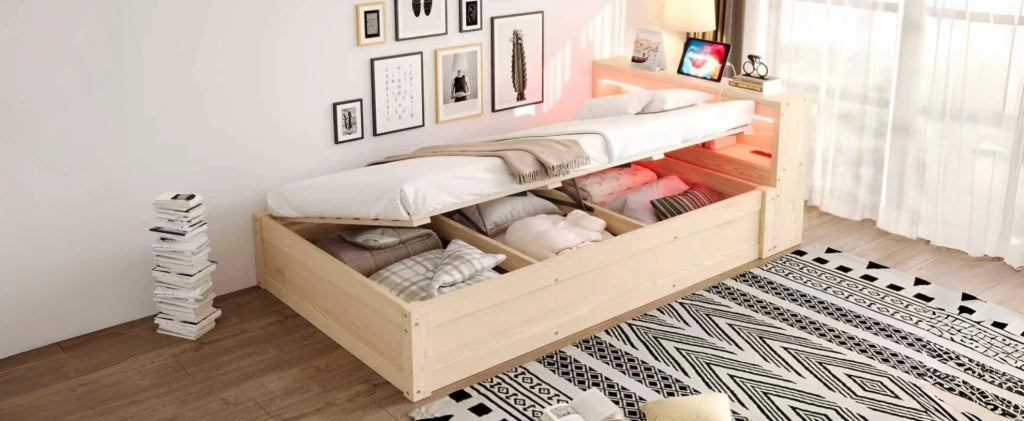 Letto singolo multifunzione in legno massello 90x200 cm con presa elettrica, LED colorati e contenitore idraulico