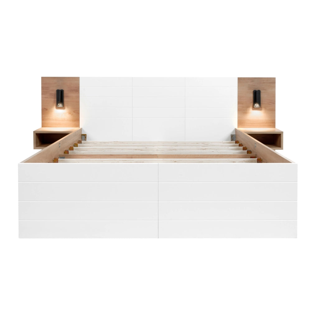 Letto 160x200 cm con 2 cassetti, luce da lettura USB in legno massello e MDF bianco