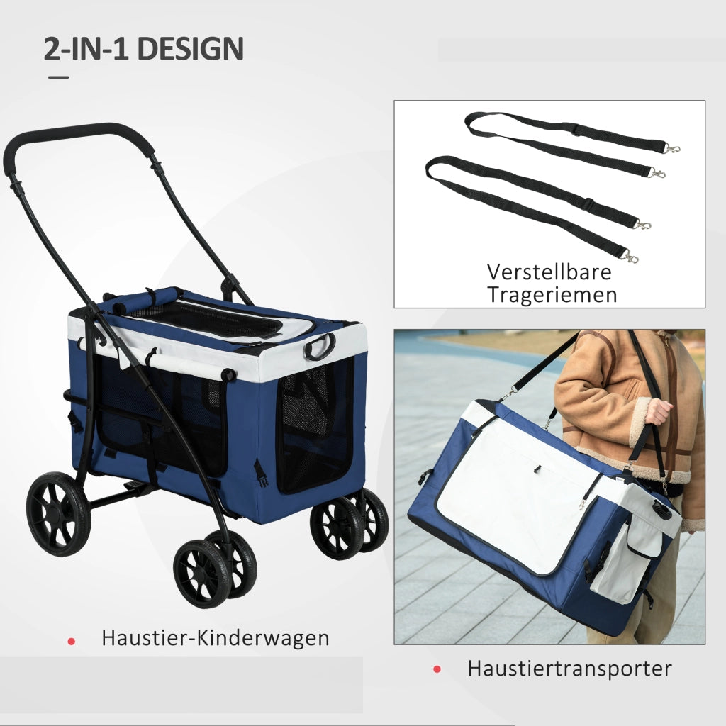 Passeggino 2 in 1 per animali con trasportino removibile; pieghevole; blu; per cani piccoli fino a 10 kg