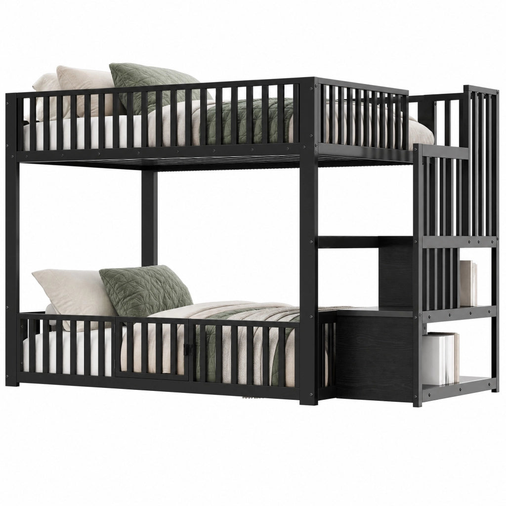 Letto a castello 140x200 con scala contenitore; LED; MDF e metallo; nero