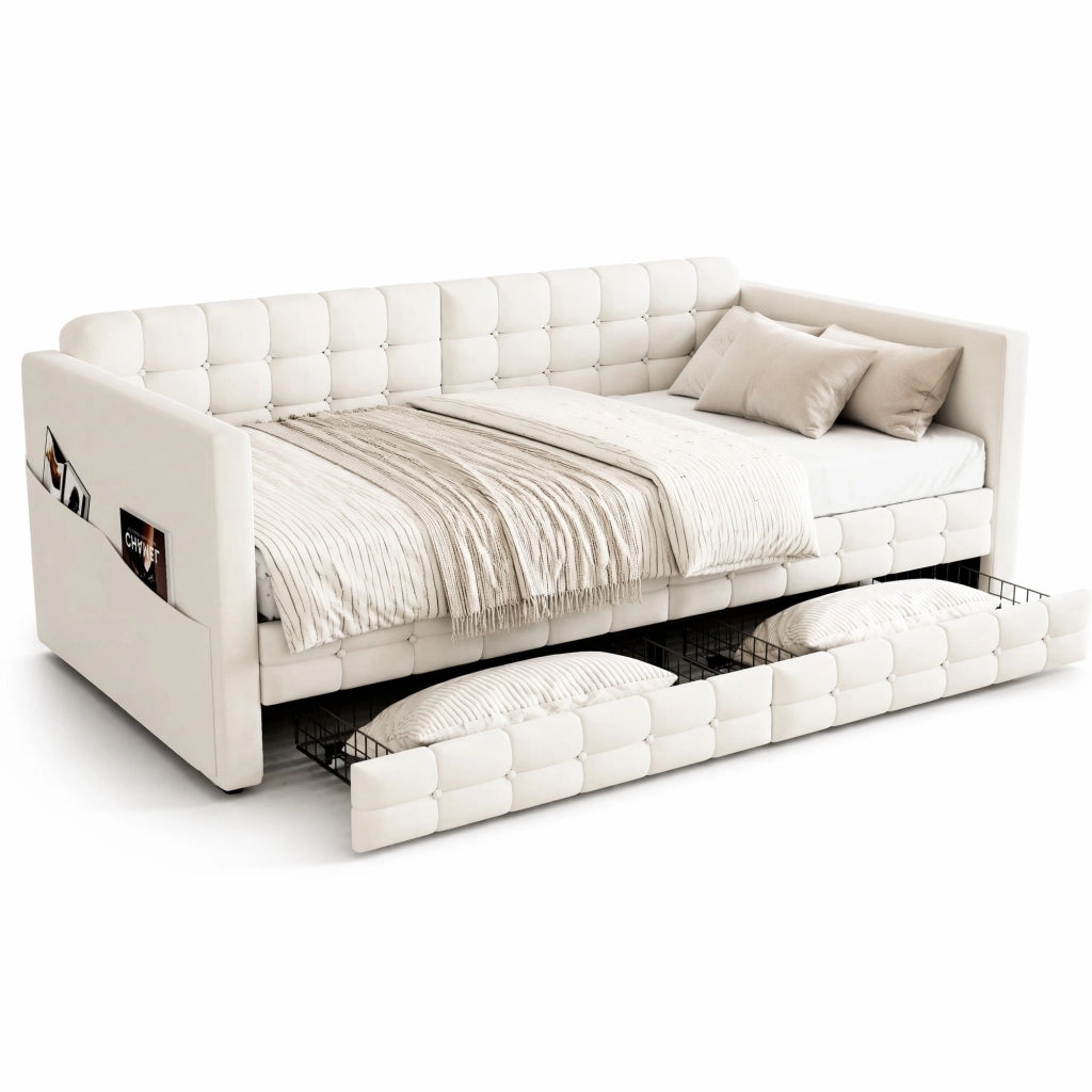 Letto contenitore 90×190 cm; letto singolo con 2 tasche laterali e 2 cassetti; senza materasso; in velluto beige