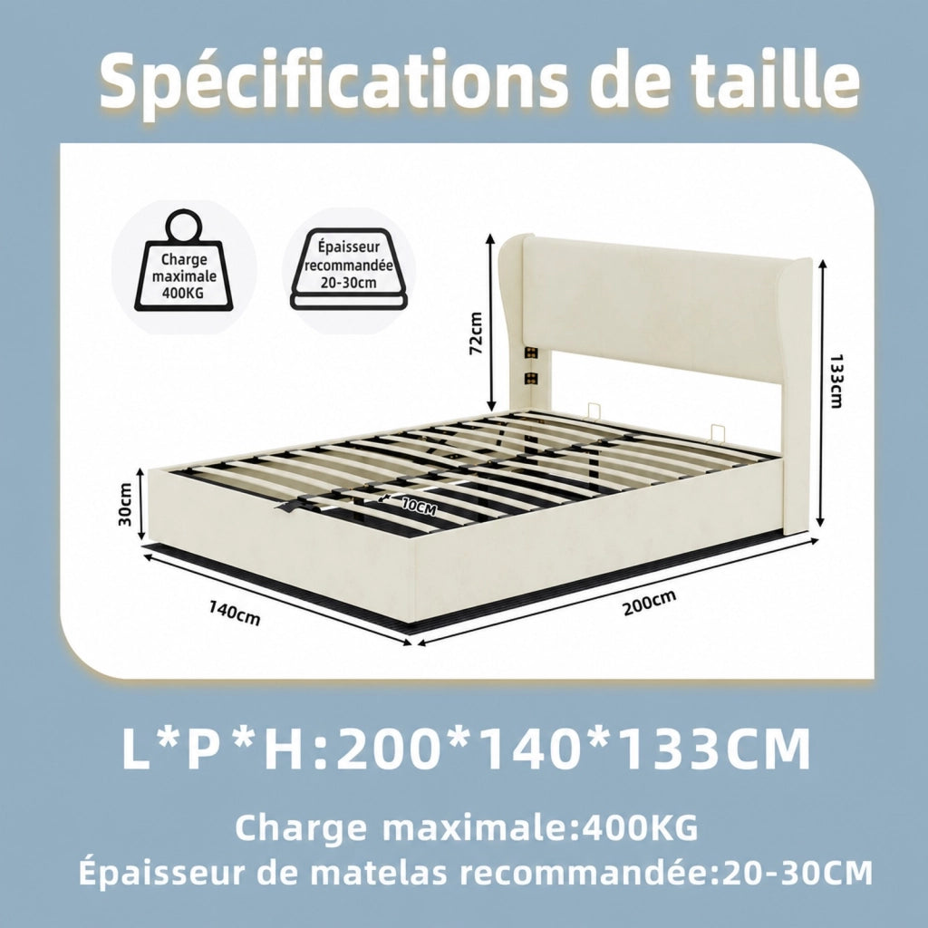 Letto Moderno Minimalista 140x200 cm Beige con Testiera Imbottita e Base Contenitore a Gas