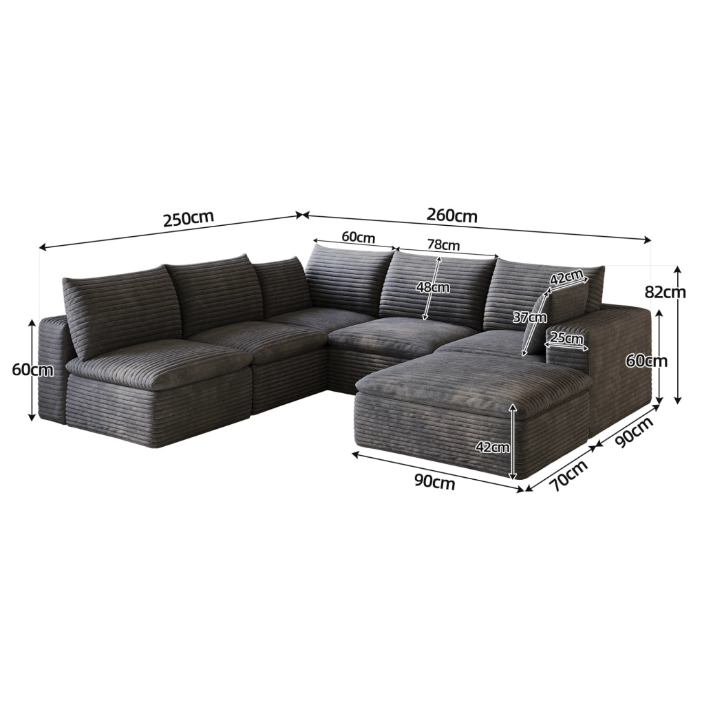 Divano modulare in tessuto di velluto a coste grigio scuro 260x250 cm con imbottitura rimovibile e design a doppio strato