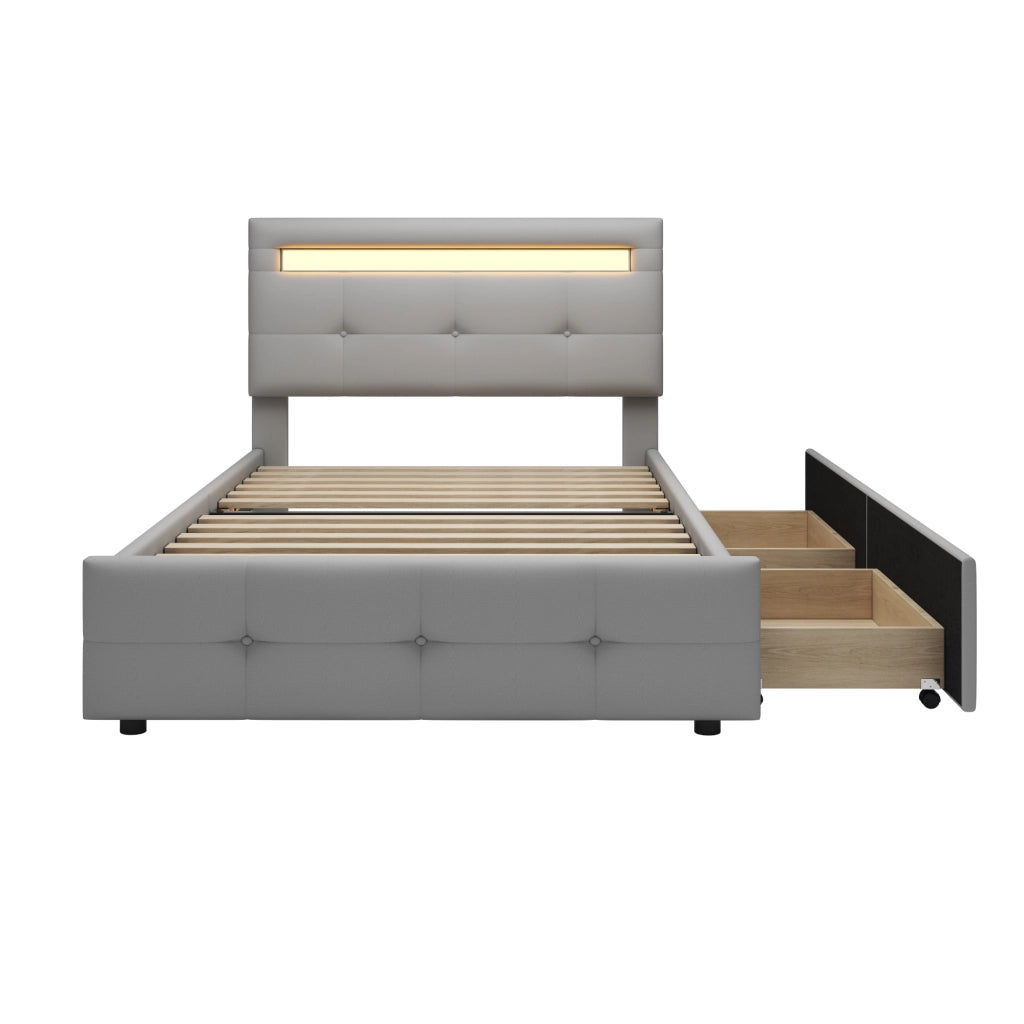 Letto imbottito singolo 90 x 200 cm con luci LED, 2 cassetti e imbottitura in lino, letto piatto per bambini, ragazzi e ospiti - Grigio