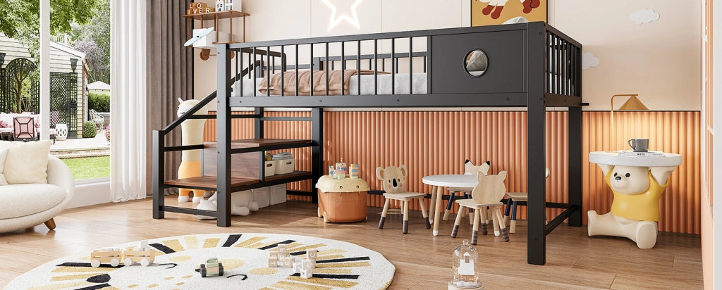 Letto a soppalco basso per bambini 90x200 cm con struttura metallica nera e scala contenitore