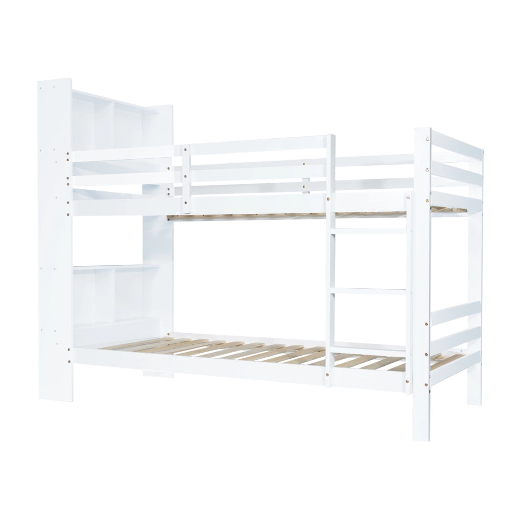 Letto a castello bianco 90x200 cm con ripiani e scala a 3 gradini