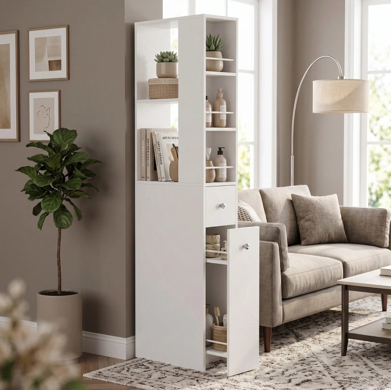 Armadio bagno alto slim 135 cm con 2 cassetti, 2 ripiani laterali e 3 scomparti, bianco