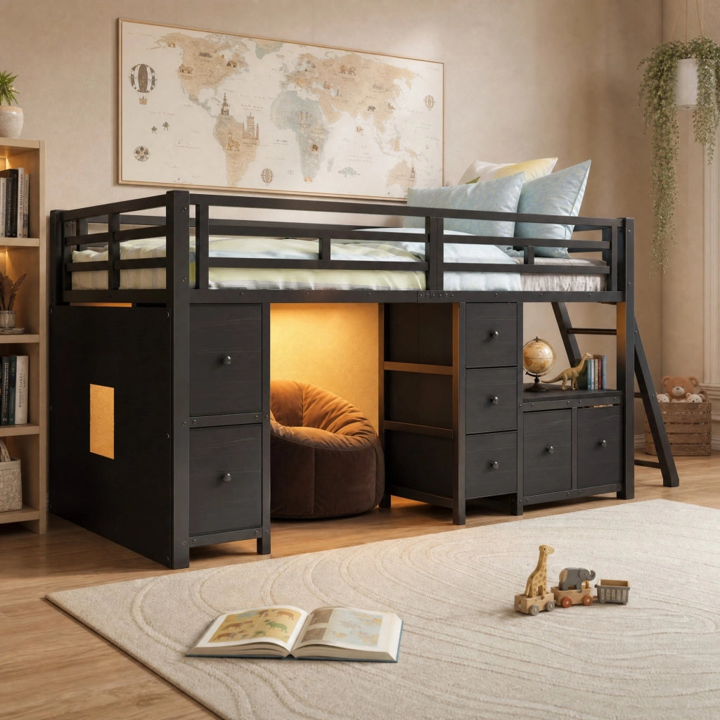 Letto a soppalco basso 90x200 cm con 7 cassetti e LED nero HOMVRA