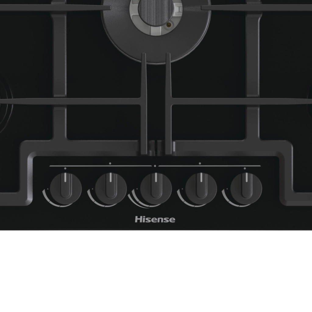 Hisense ged773b piano cottura 75cm, cristallo nero, 5 fuochi, griglie in ghisa