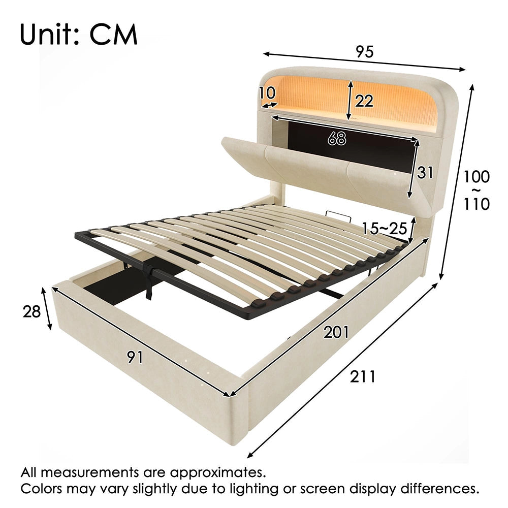 Letto Singolo Idraulico 90x200cm - Xylo - Testiera Regolabile LED con USB, Velluto Beige