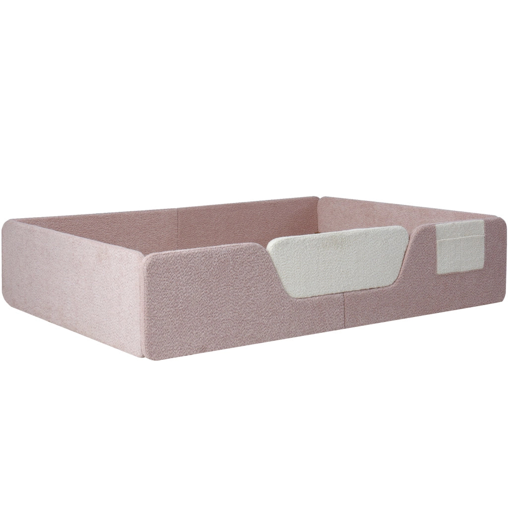 Letto a terra 140 x 190 cm con sponde di sicurezza rimovibili, letto matrimoniale con tasca in tessuto integrata, velluto rosa, rete a doghe inclusa