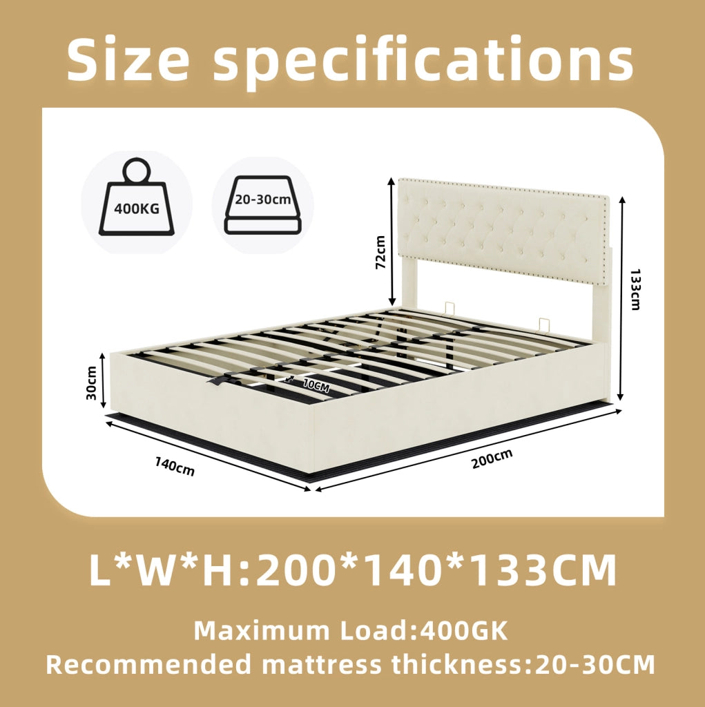 Letto moderno beige 140x200 cm con testiera imbottita e box contenitore, include materasso