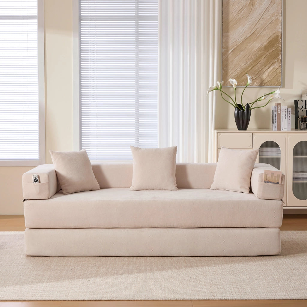Divano modulare con tasche laterali e base antiscivolo in chenille beige