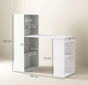 Scrivania bianca 120x55 cm con mensole, tavolo da lavoro e laptop per ufficio e casa