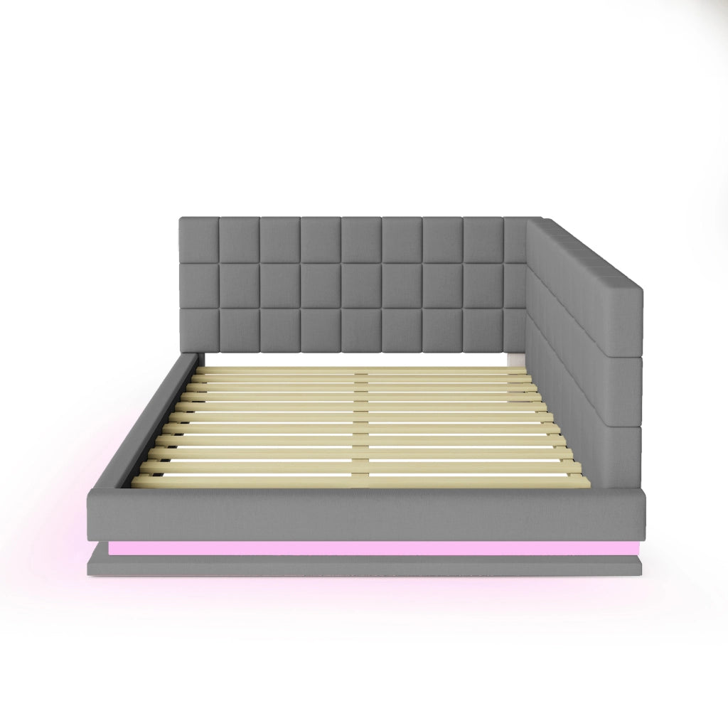 Letto imbottito matrimoniale 160×200 cm con LED; USB e rete; senza materasso; in lino; grigio