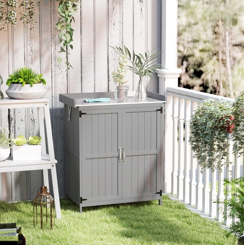 Armadio da giardino in legno e acciaio inox con doppie porte e piano di lavoro, 74x43x88 cm, grigio