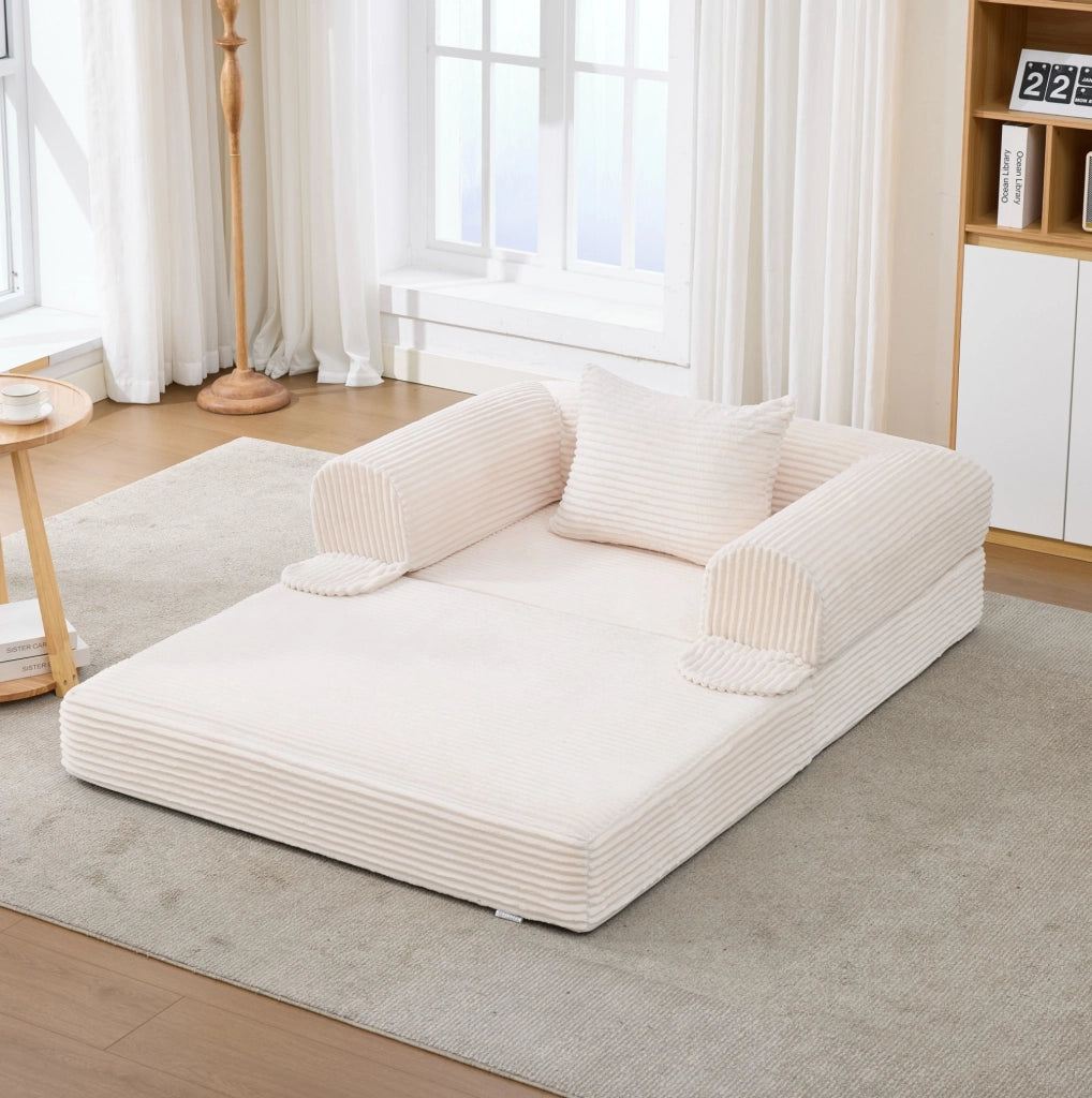 Poltrona letto singola trasformabile in velluto a coste beige con cuscino per ospiti e relax