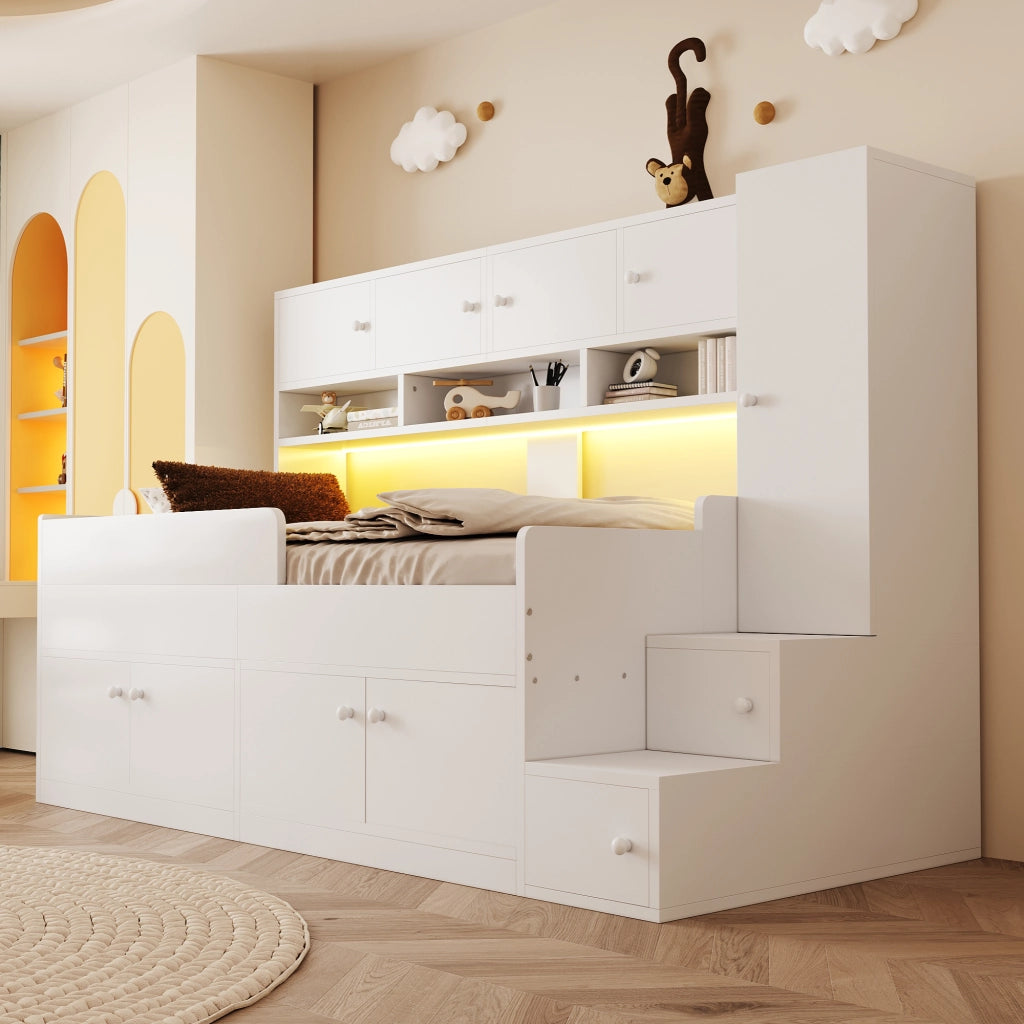 Letto per bambini 90 × 200 cm 1 posto con armadi, cassetti, scala contenitore e LED, senza materasso, bianco