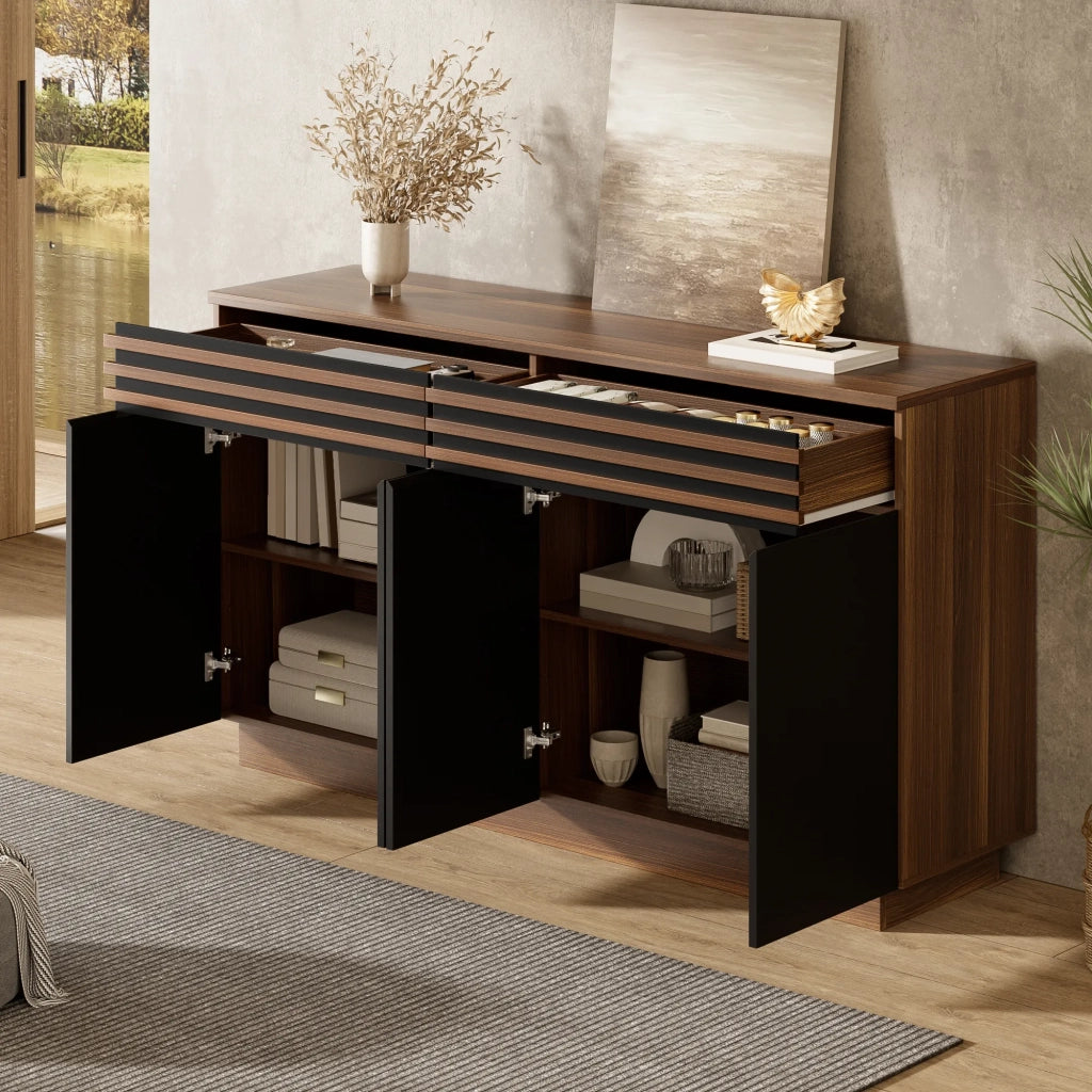 Sideboard moderno 150x40x85 cm, finitura legno marrone con ante nere, 2 cassetti e 4 ante. Ampio spazio contenitore per soggiorno, sala da pranzo e cucina
