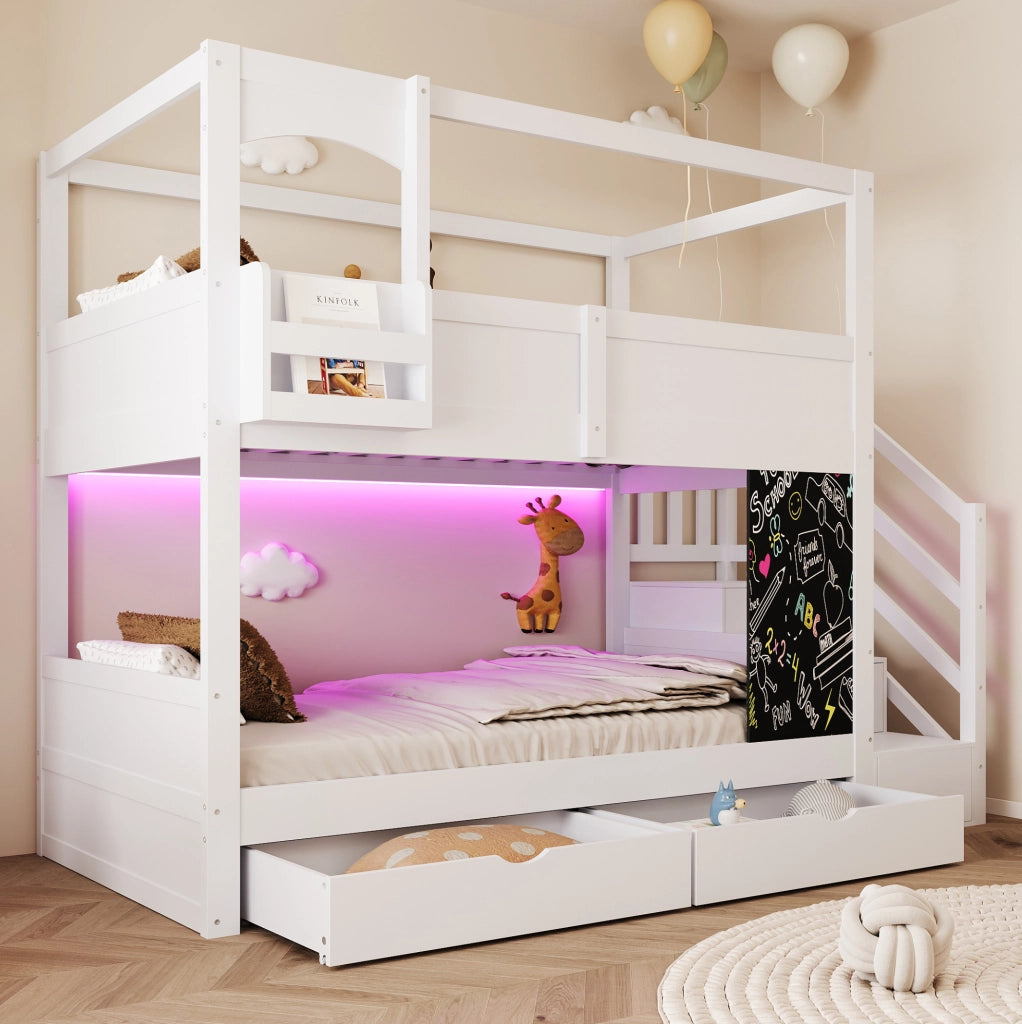 Letto a castello per bambini 90x200 cm in legno con scala contenitore; cassetti e lavagna bianco HOMVRA