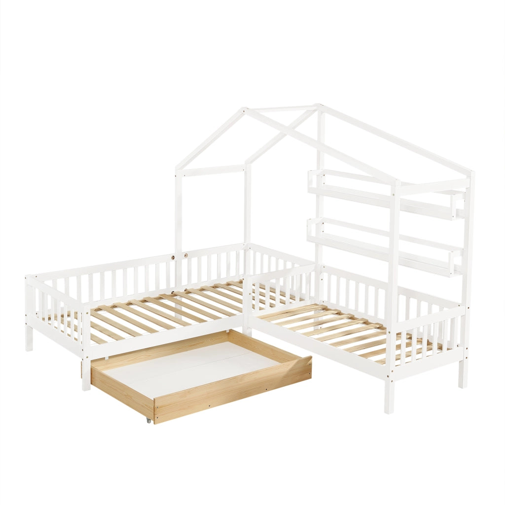 Letto a casetta per bambini in legno con cassetti e ripiani, bianco, 200x90 cm + 140x70 cm