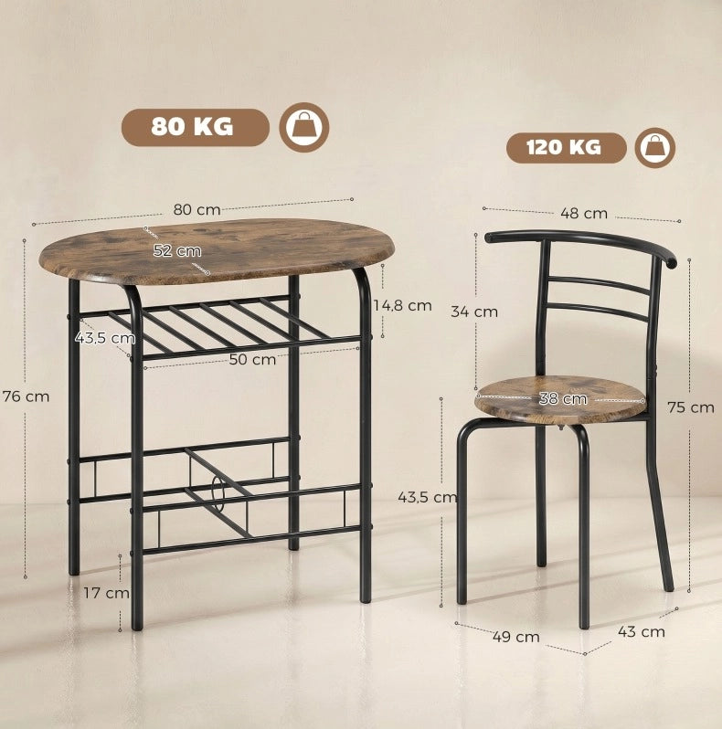 Set tavolo da cucina con 2 sedie e ripiano, marrone rustico