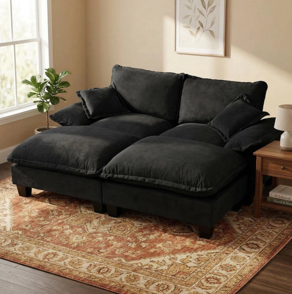 Divano modulare angolare Cloud in tessuto Chenille nero con 2 pouf mobili e 2 cuscini morbidi, 194x155x90 cm