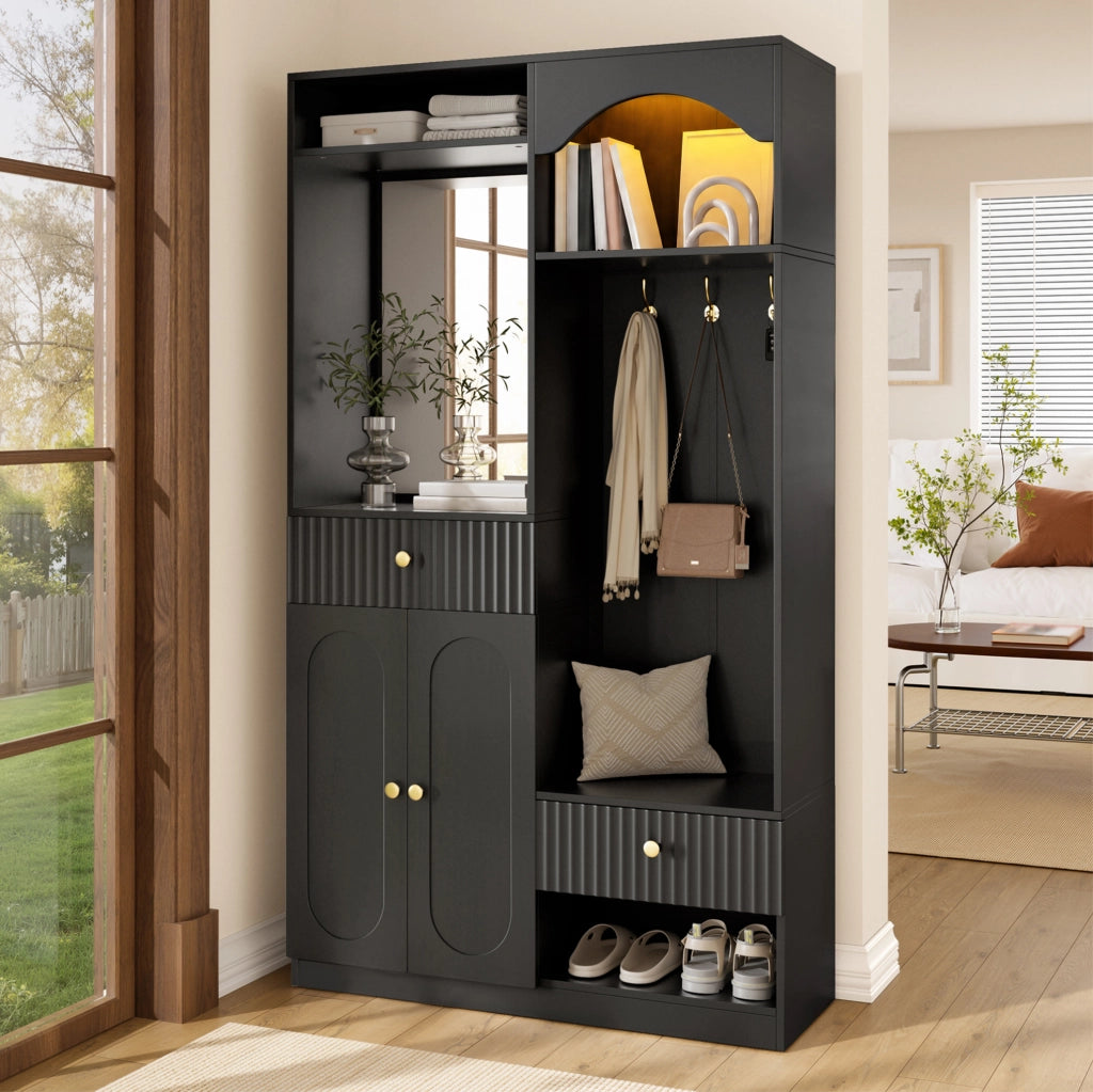 Garderoba compatta con specchio, panca, appendiabiti e luci LED regolabili, MDF nero 100x35x180 cm