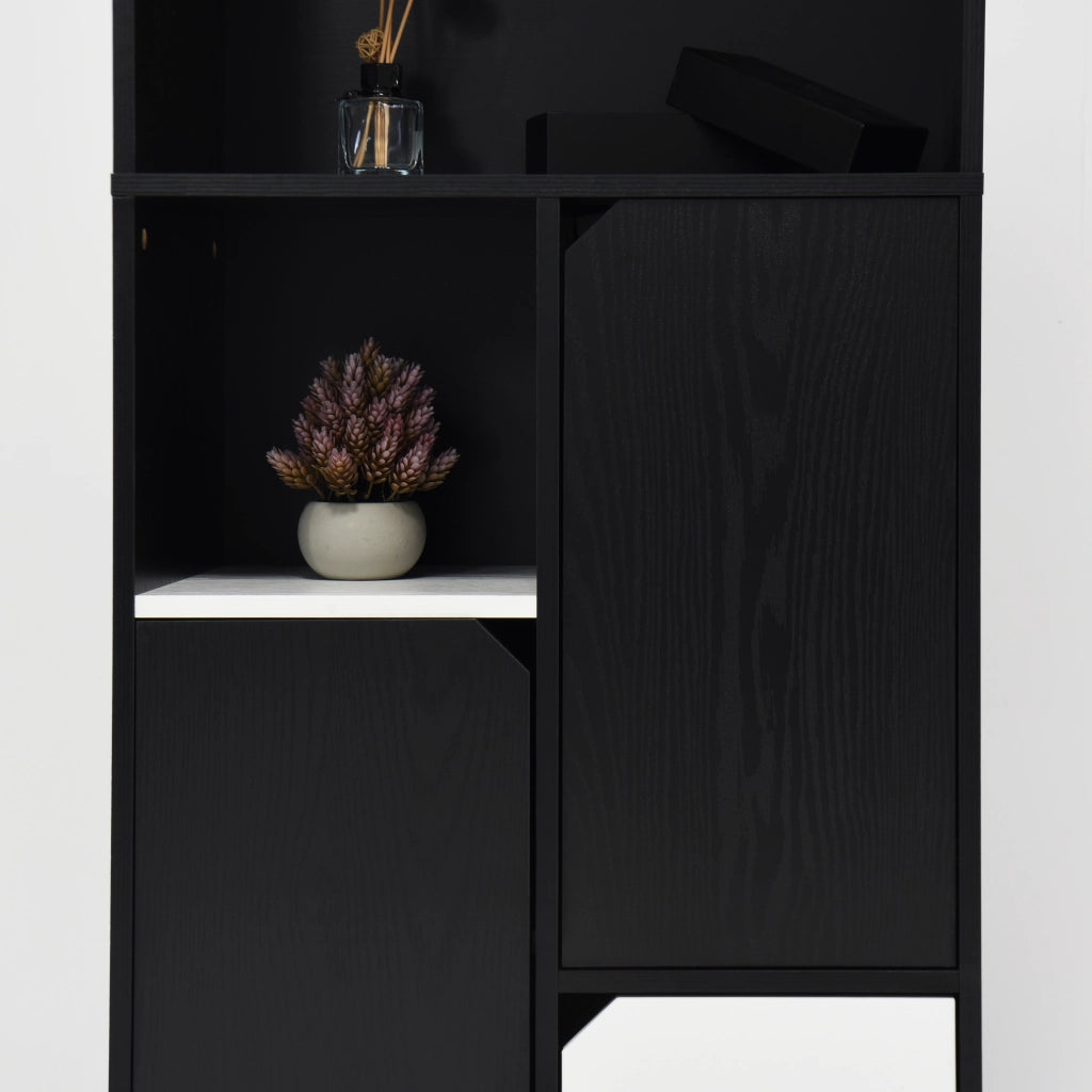 Libreria con 2 ripiani aperti anta ed elementi a cassetto in pannello truciolare nero 60 × 35 × 160 cm