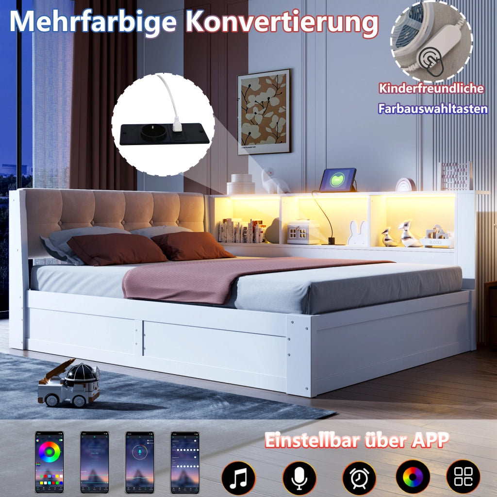 Letto da giorno 140 × 200 cm con contenitore idraulico in legno bianco LED USB e scaffale laterale