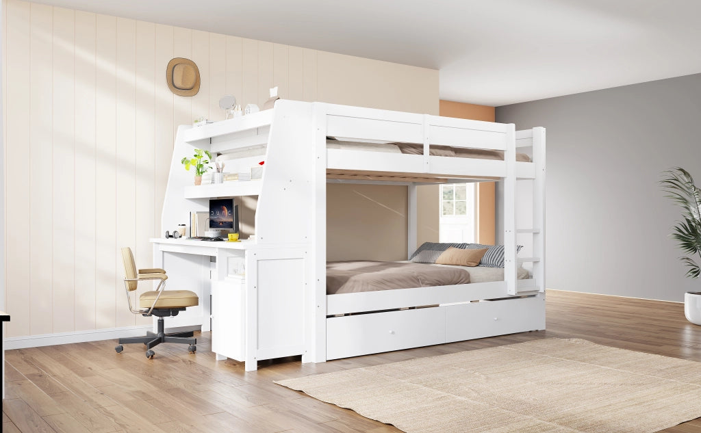 Letto a castello 140 × 200 cm con scrivania armadio laterale reversibile cassetti legno bianco rete a doghe